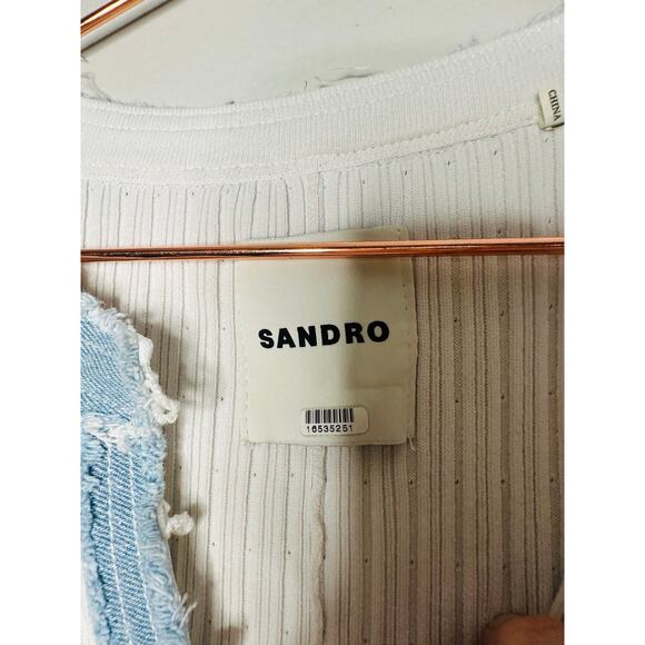 SANDRO Alecia White Blue Ribbed Raw Denim Hem Gold Buttons Dress Size Small - Picture 9 of 11